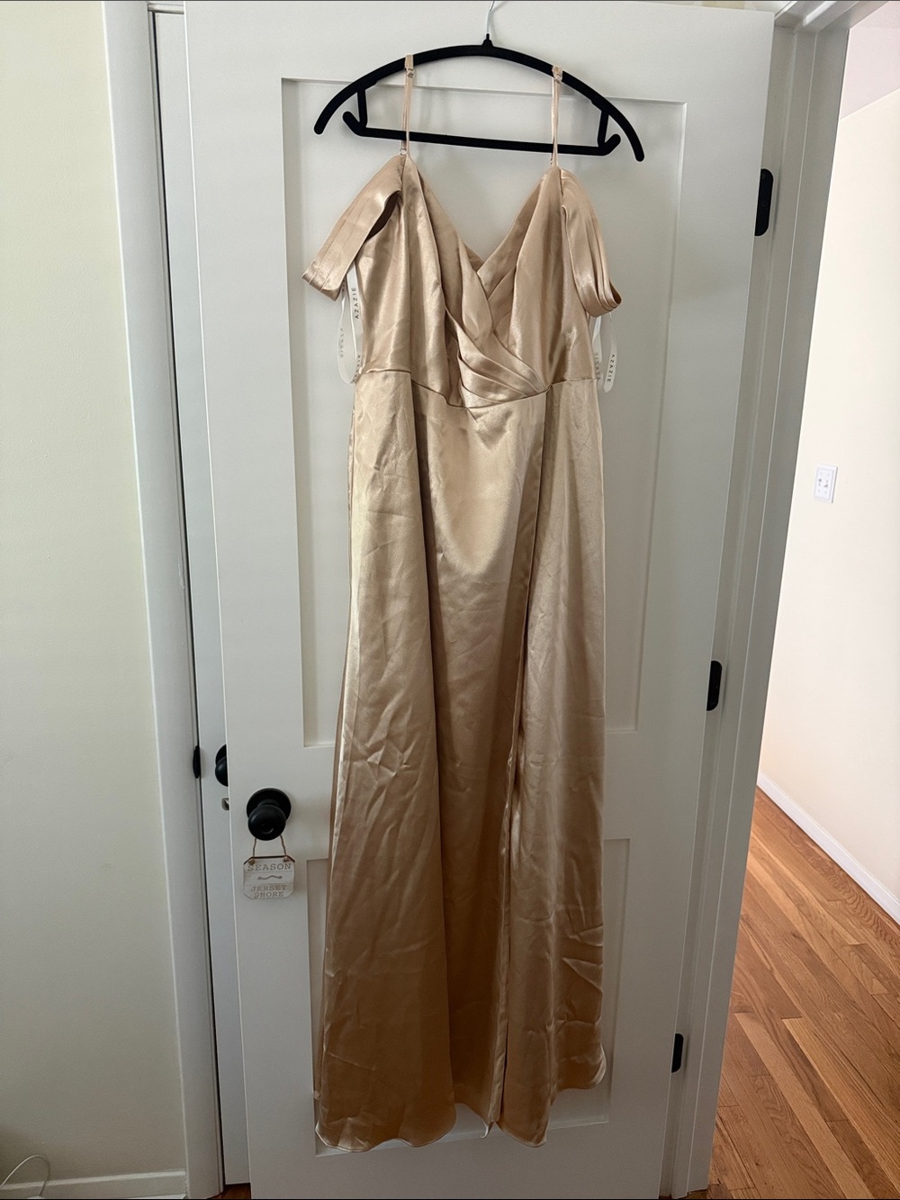 Azazie Champagne Gold Satin Off-Shoulder Gown Bridesmaid Dress